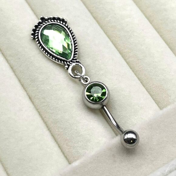 316L Stainless Steel with Emerald Green Cubic Zirconia Teardrop 14G Belly Ring - Picture 5 of 7